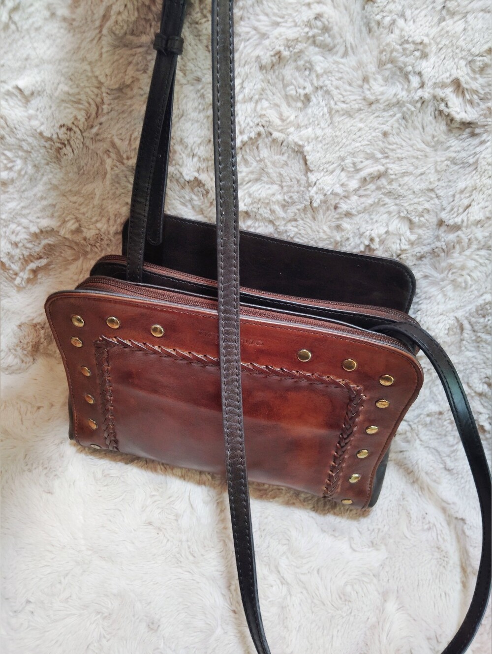 Tignanello Mojave Studded Two-Tone Brown Leather Crossbody - Picture 12 of 12